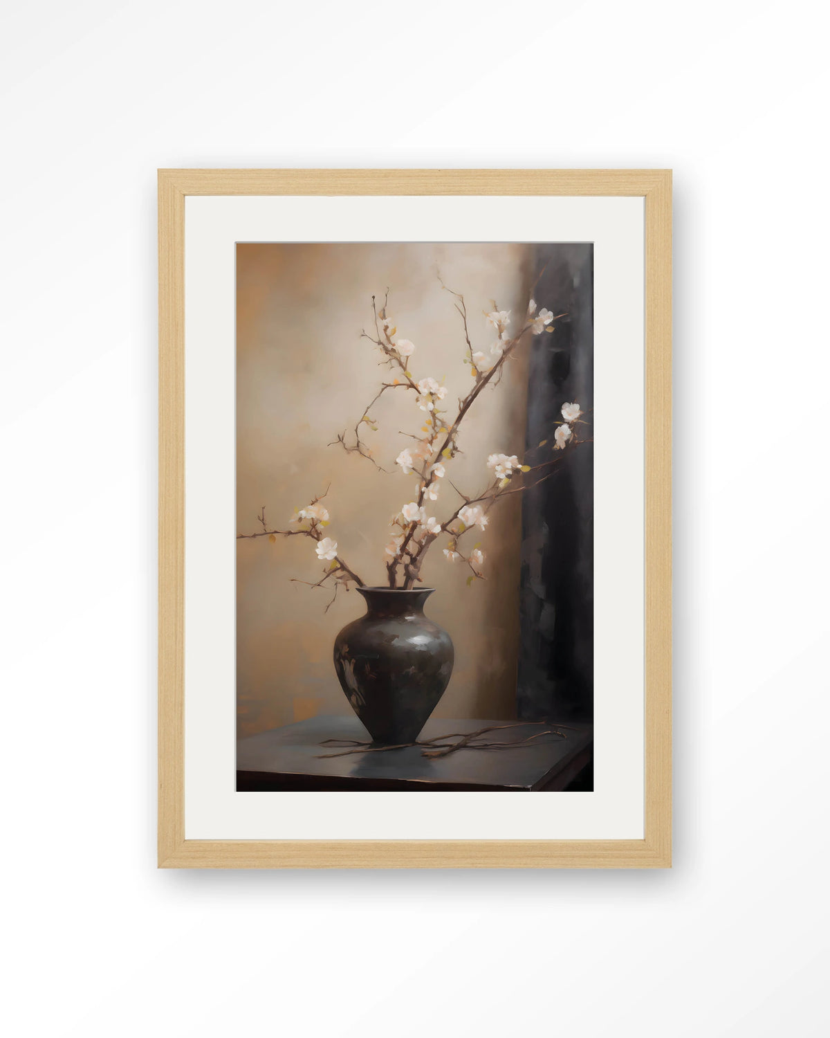 Light Blossom Vase – bloesemtak in zwarte vaas – Art print – Hout naturel + passe-partout