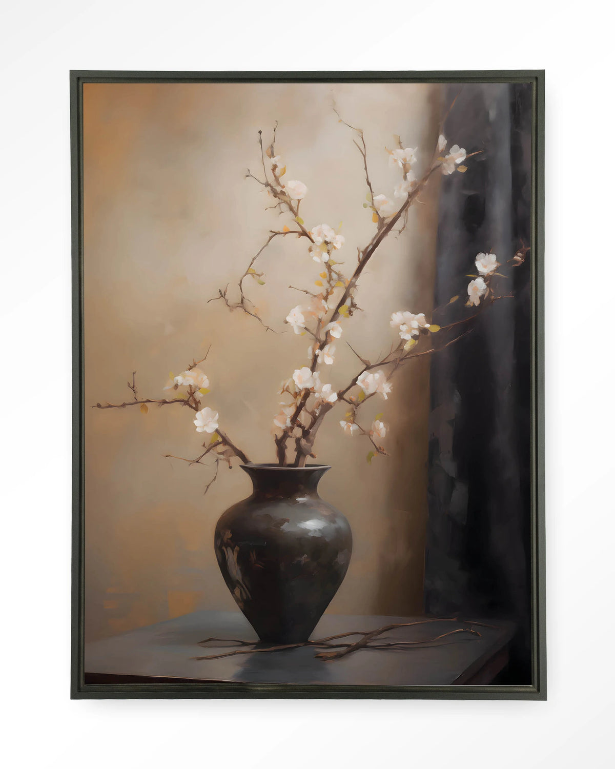 Light Blossom Vase – bloesemtak in zwarte vaas – Wandkleed – Floating frame – zwart