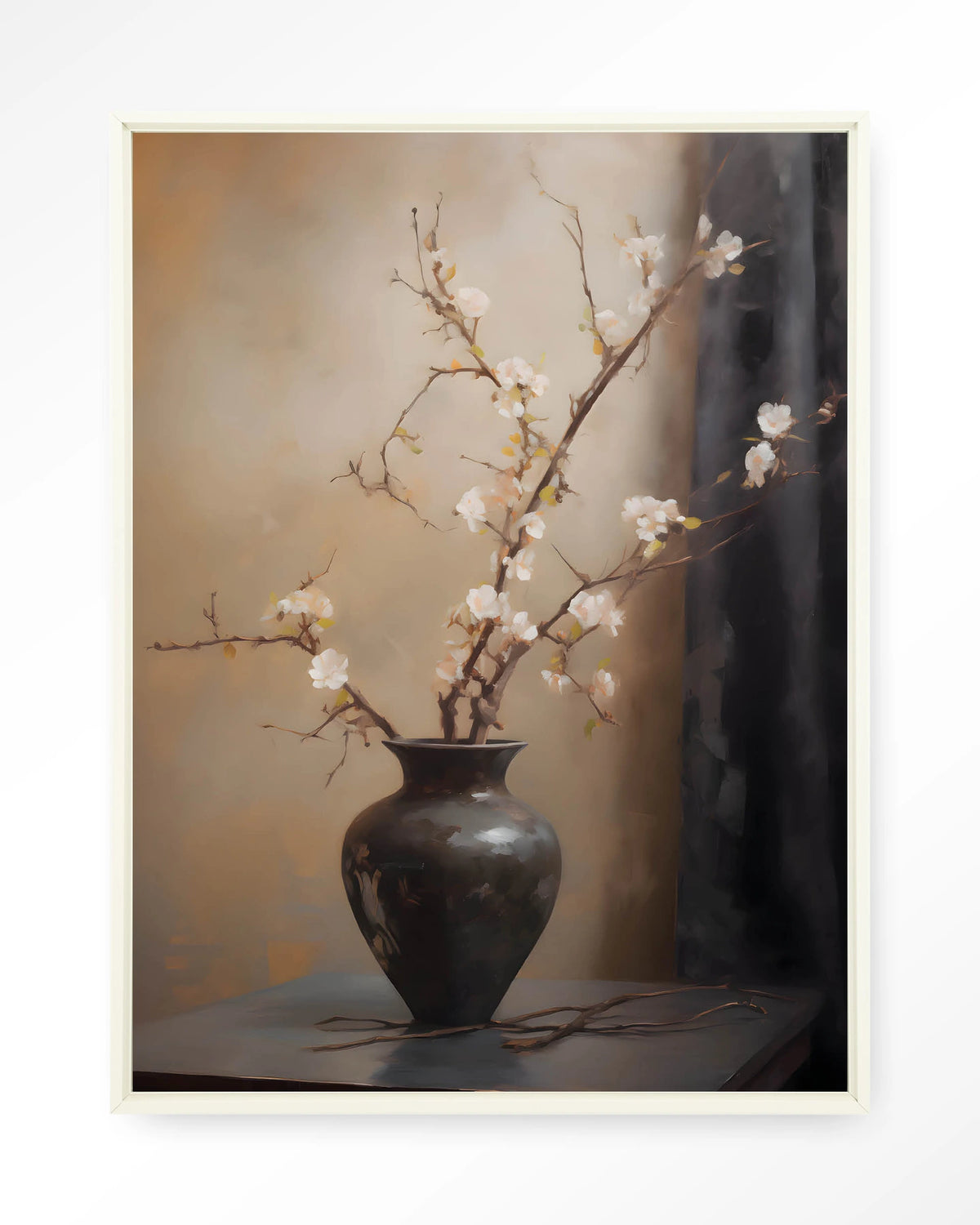 Light Blossom Vase – bloesemtak in zwarte vaas – Wandkleed – Floating frame – wit