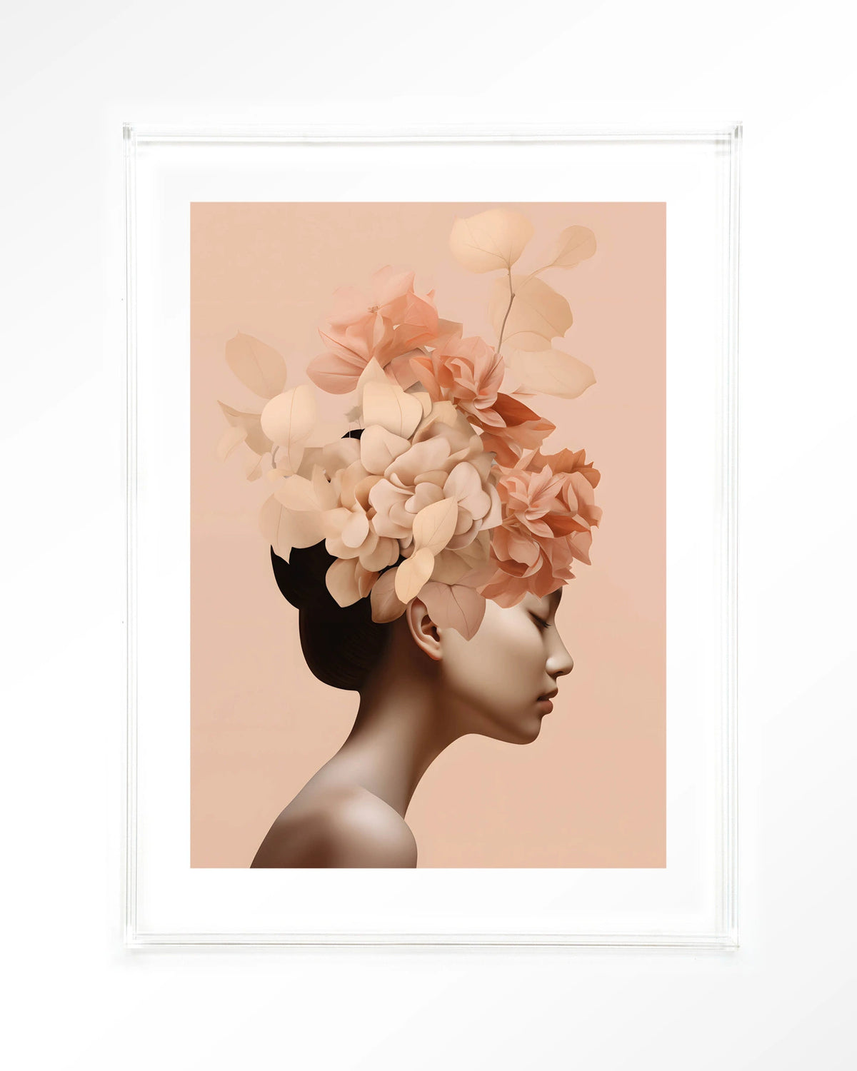 Leave Crown – vrouw met bloemenkroon in perzik – Art print – Acryl doorzichtig