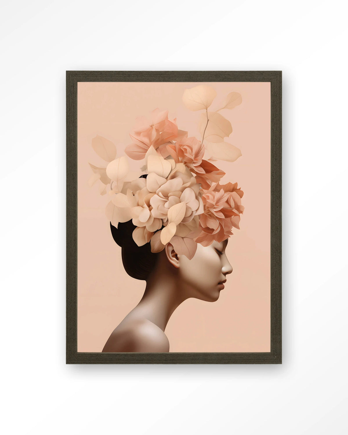 Leave Crown – vrouw met bloemenkroon in perzik – Art print – Hout donkerbruin