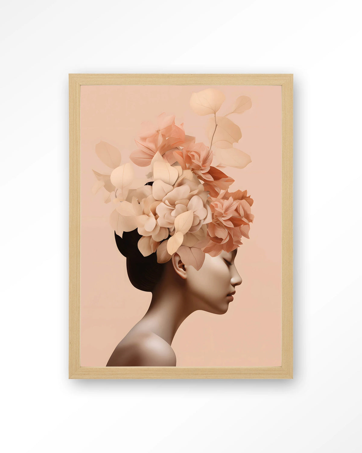 Leave Crown – vrouw met bloemenkroon in perzik – Art print – Hout naturel