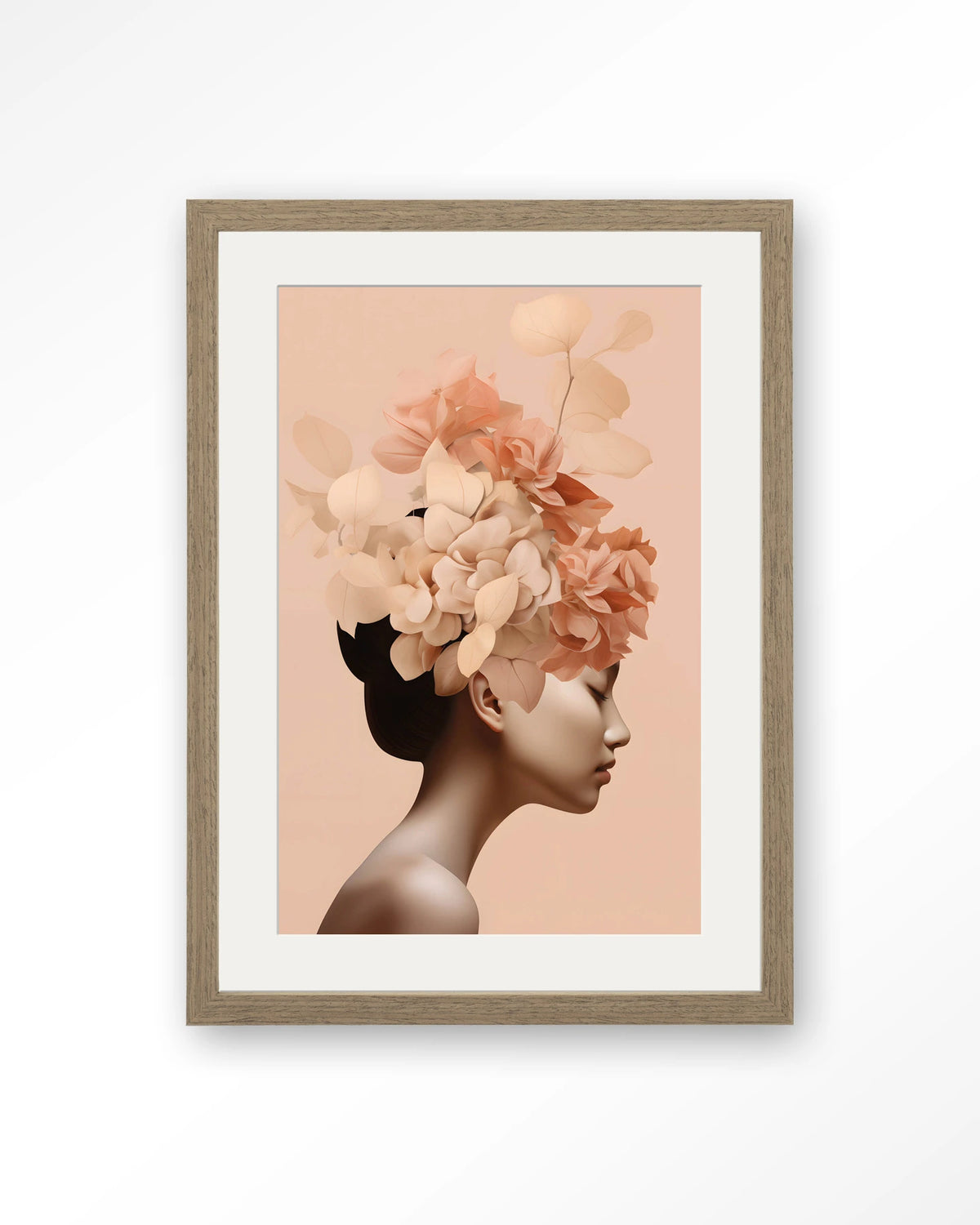 Leave Crown – vrouw met bloemenkroon in perzik – Art print – Hout bruin + passe-partout