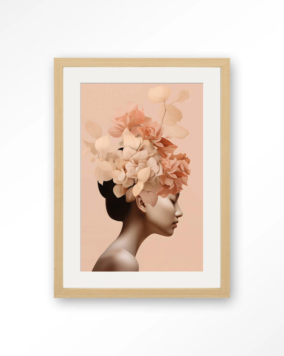 Leave Crown – vrouw met bloemenkroon in perzik – Art print – Hout naturel + passe-partout