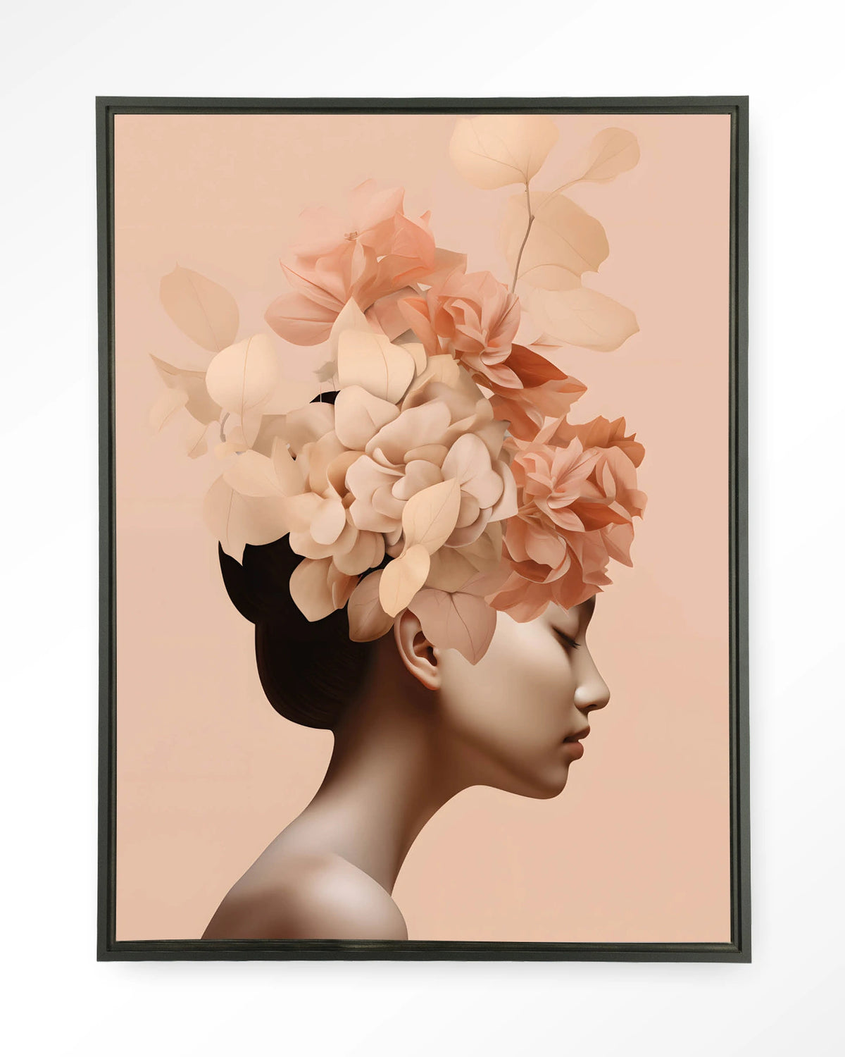 Leave Crown – vrouw met bloemenkroon in perzik – Wandkleed – Floating frame – zwart