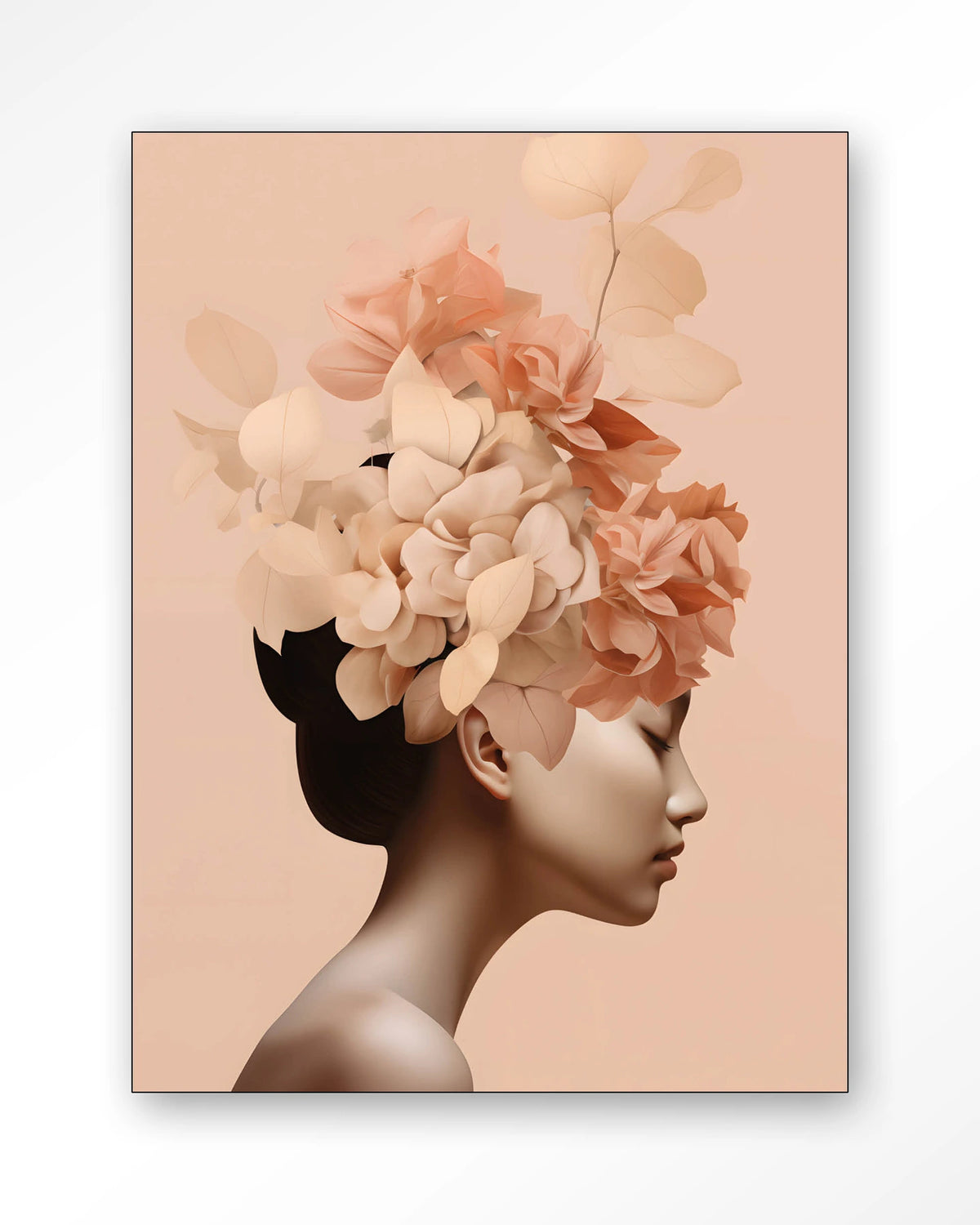 Leave Crown – vrouw met bloemenkroon in perzik – Wandkleed – Frame – zwart