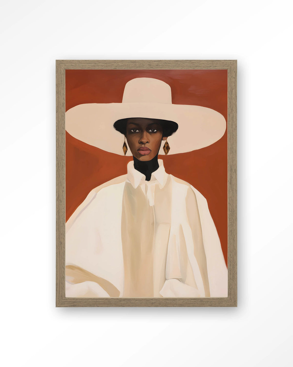 Louise – vrouw met witte hoed – Art print – Hout bruin