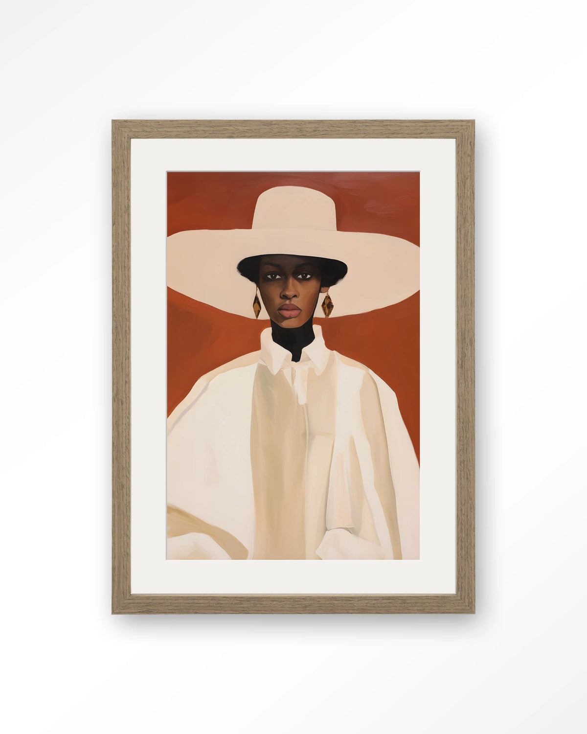 Louise – vrouw met witte hoed – Art print – Hout bruin + passe-partout
