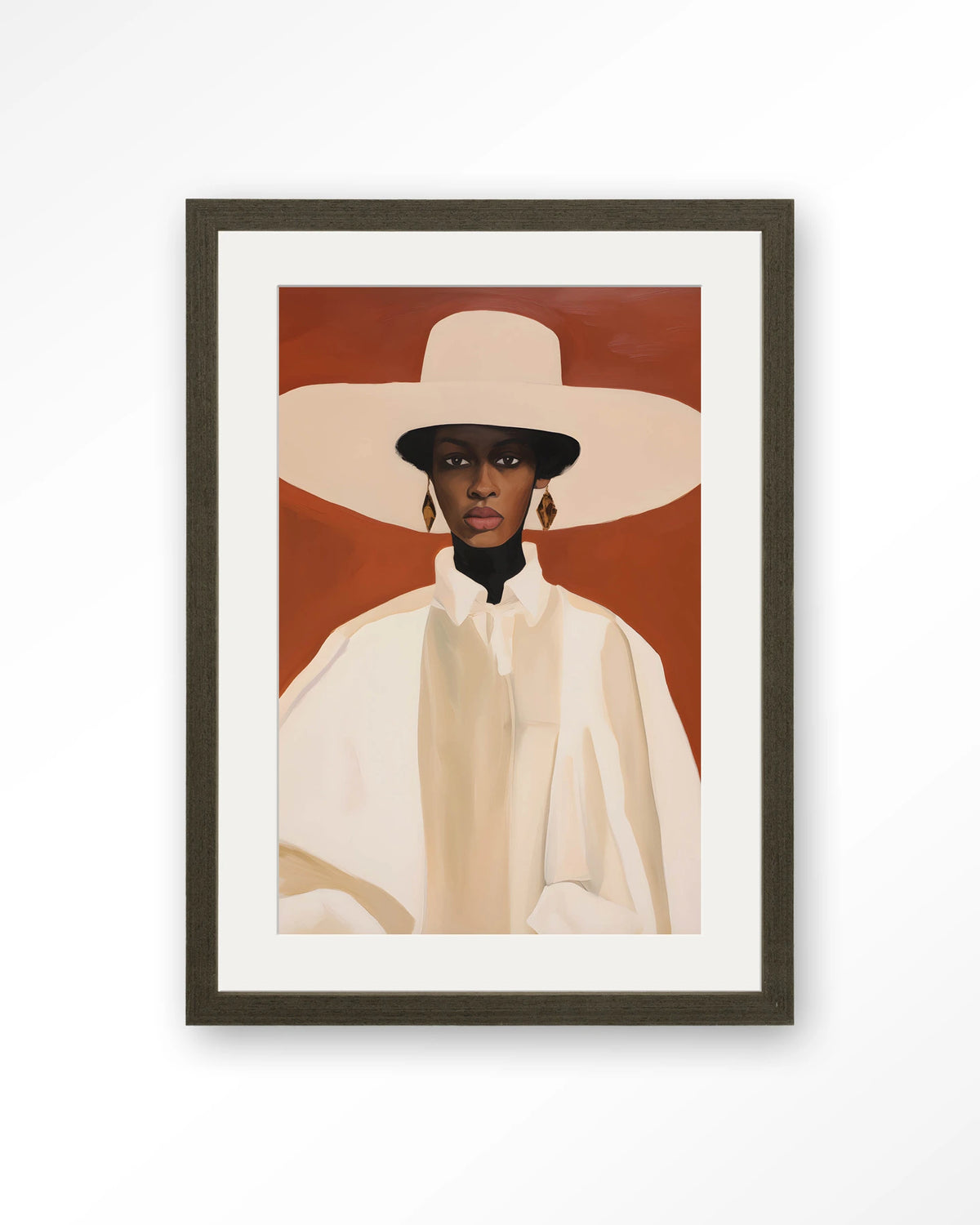 Louise – vrouw met witte hoed – Art print – Hout donkerbruin + passe-partout