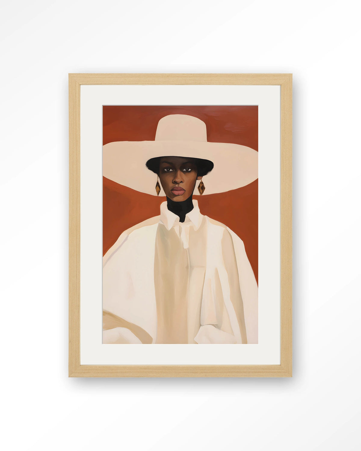 Louise – vrouw met witte hoed – Art print – Hout naturel + passe-partout