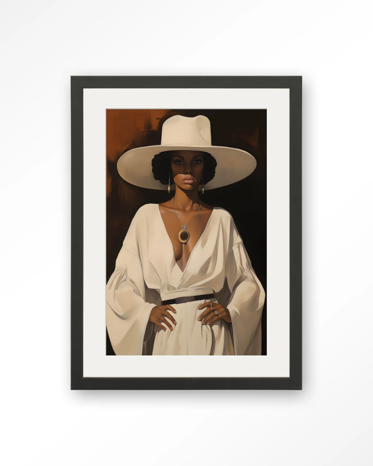 Sophia – vrouw met witte hoed – Art print – Hout zwart + passe-partout