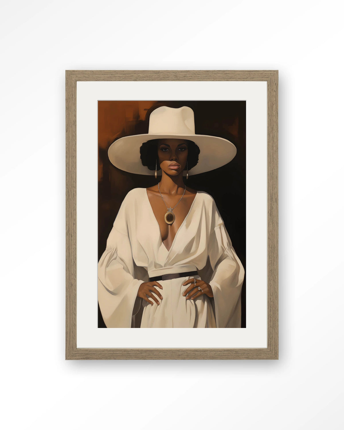 Sophia – vrouw met witte hoed – Art print – Hout bruin + passe-partout