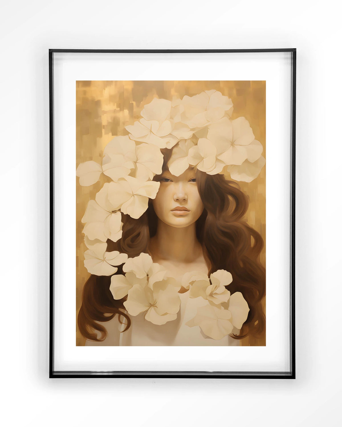 Lola – vrouw met witte bloemen – Art print – Acryl zwart