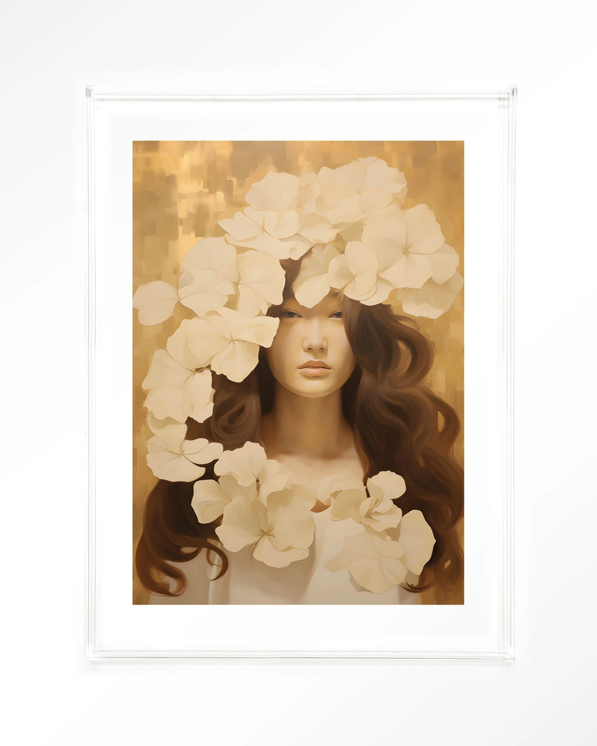 Lola – vrouw met witte bloemen – Art print – Acryl doorzichtig