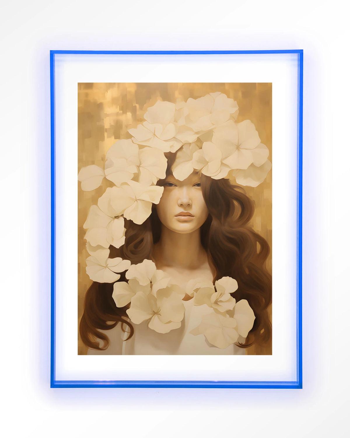 Lola – vrouw met witte bloemen – Art print – Acryl lichtblauw