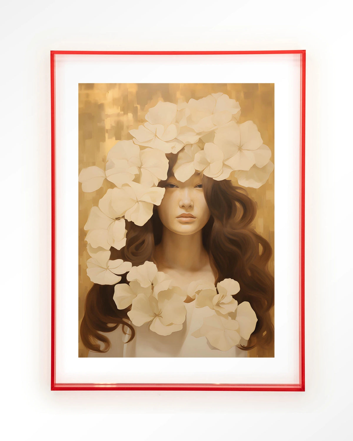 Lola – vrouw met witte bloemen – Art print – Acryl roze
