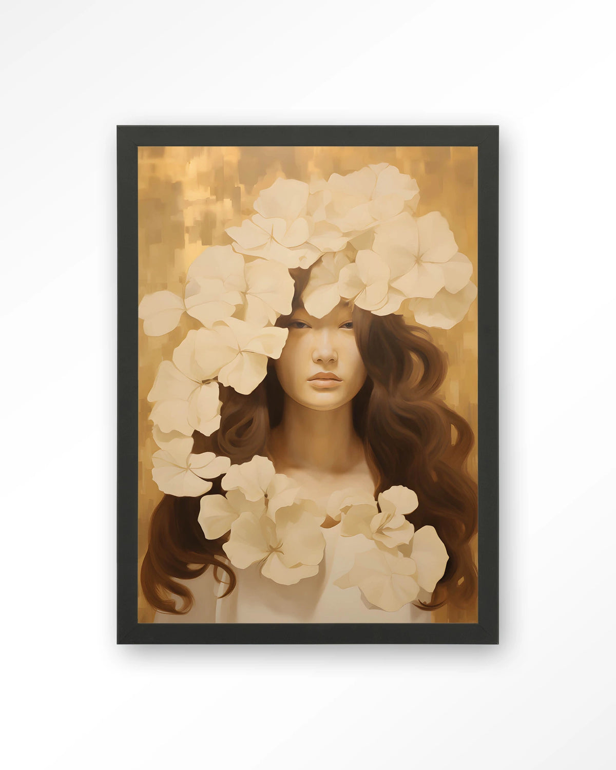 Lola – vrouw met witte bloemen – Art print – Hout zwart