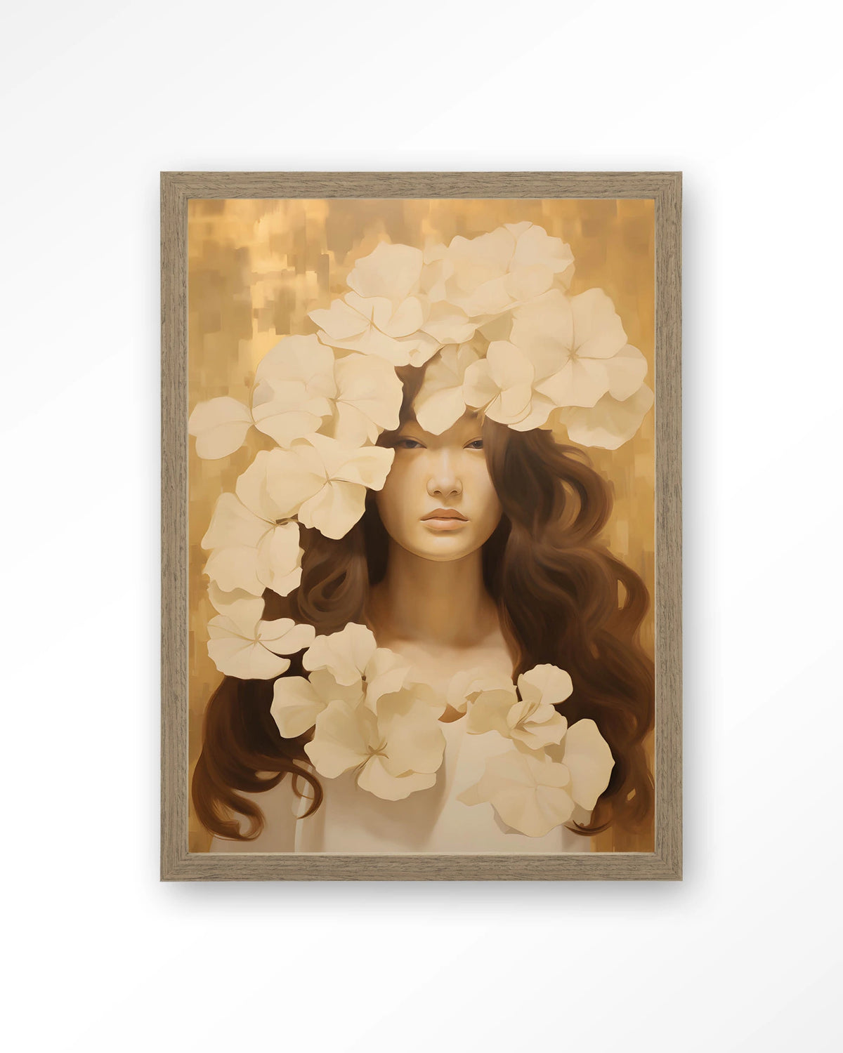Lola – vrouw met witte bloemen – Art print – Hout bruin