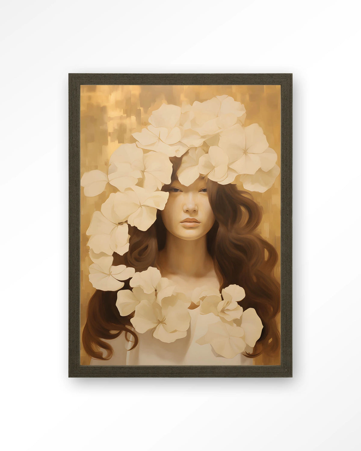 Lola – vrouw met witte bloemen – Art print – Hout donkerbruin