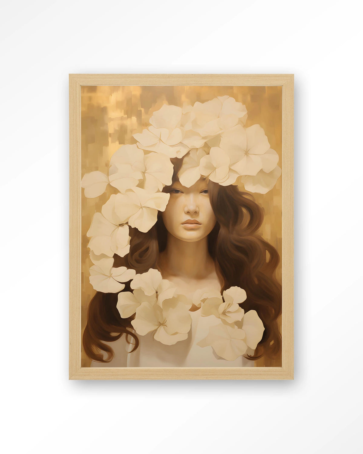 Lola – vrouw met witte bloemen – Art print – Hout naturel