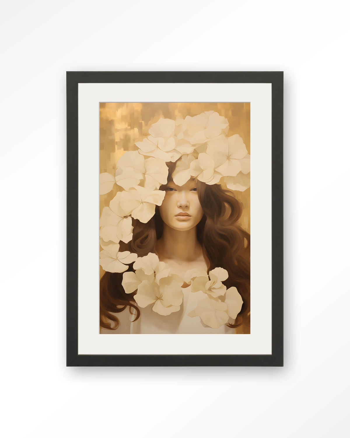 Lola – vrouw met witte bloemen – Art print – Hout zwart + passe-partout