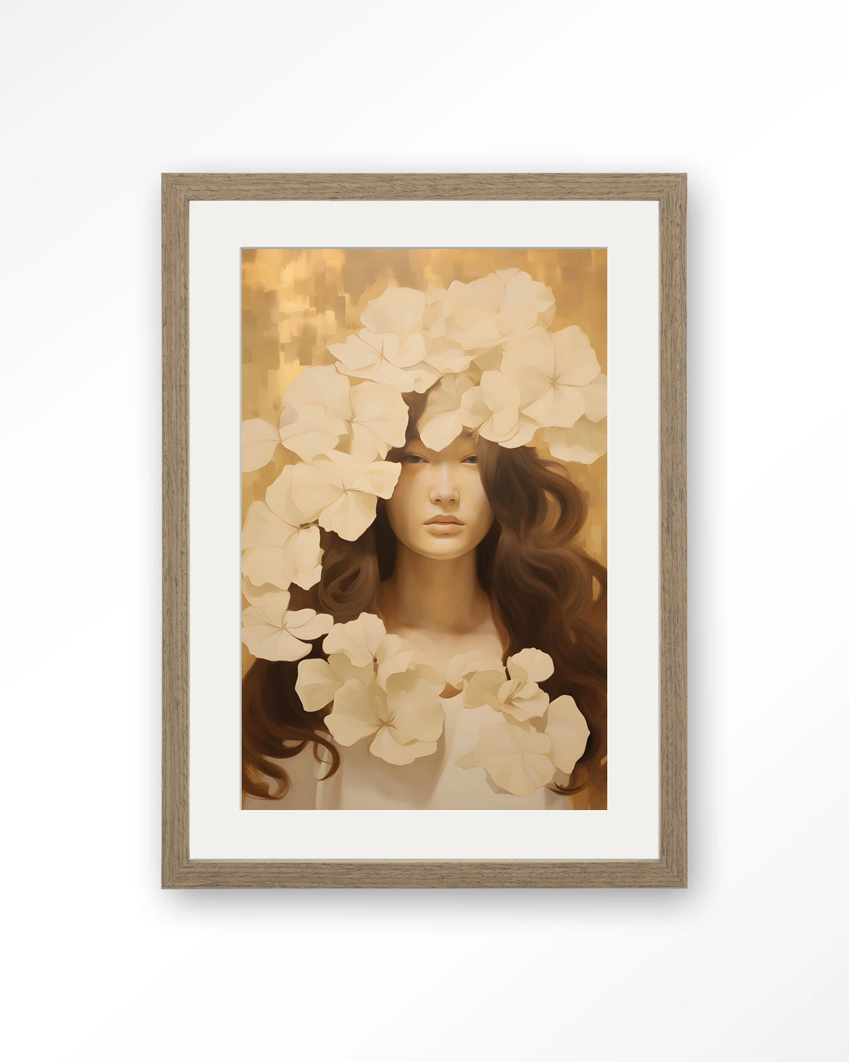 Lola – vrouw met witte bloemen – Art print – Hout bruin + passe-partout