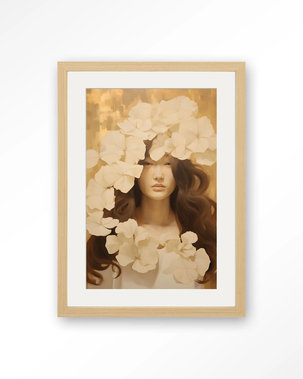 Lola – vrouw met witte bloemen – Art print – Hout naturel + passe-partout