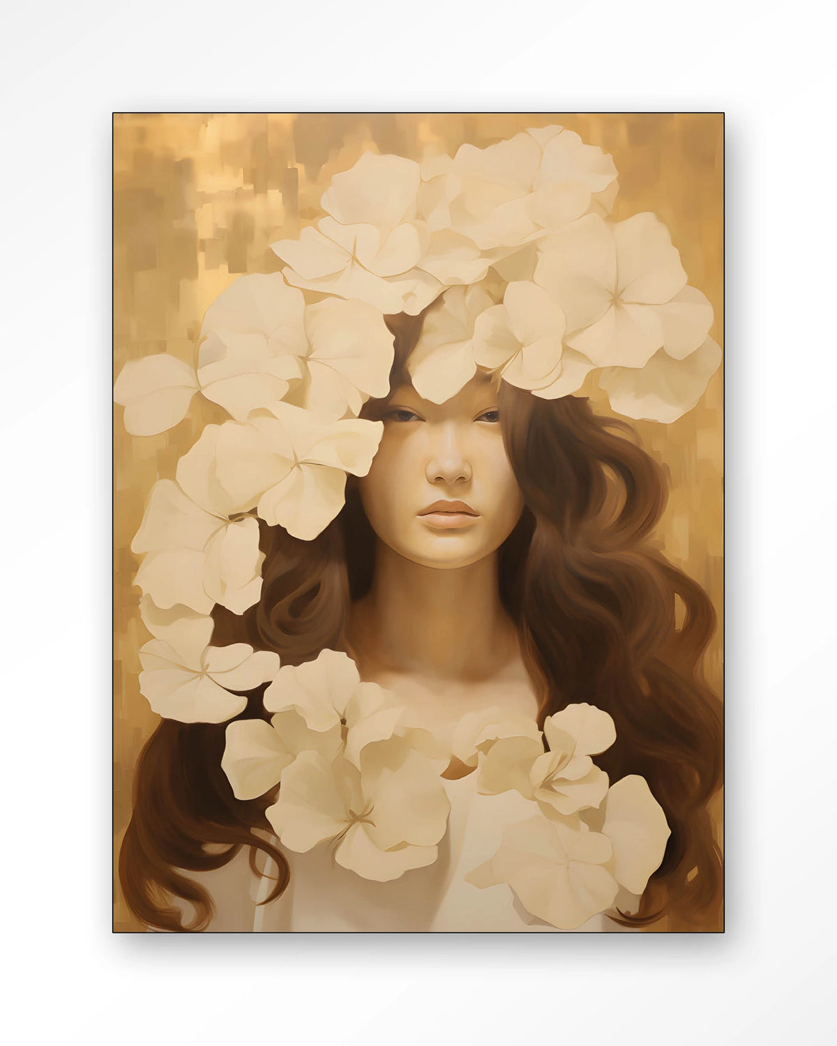 Lola – vrouw met witte bloemen – Wandkleed – Frame – zwart