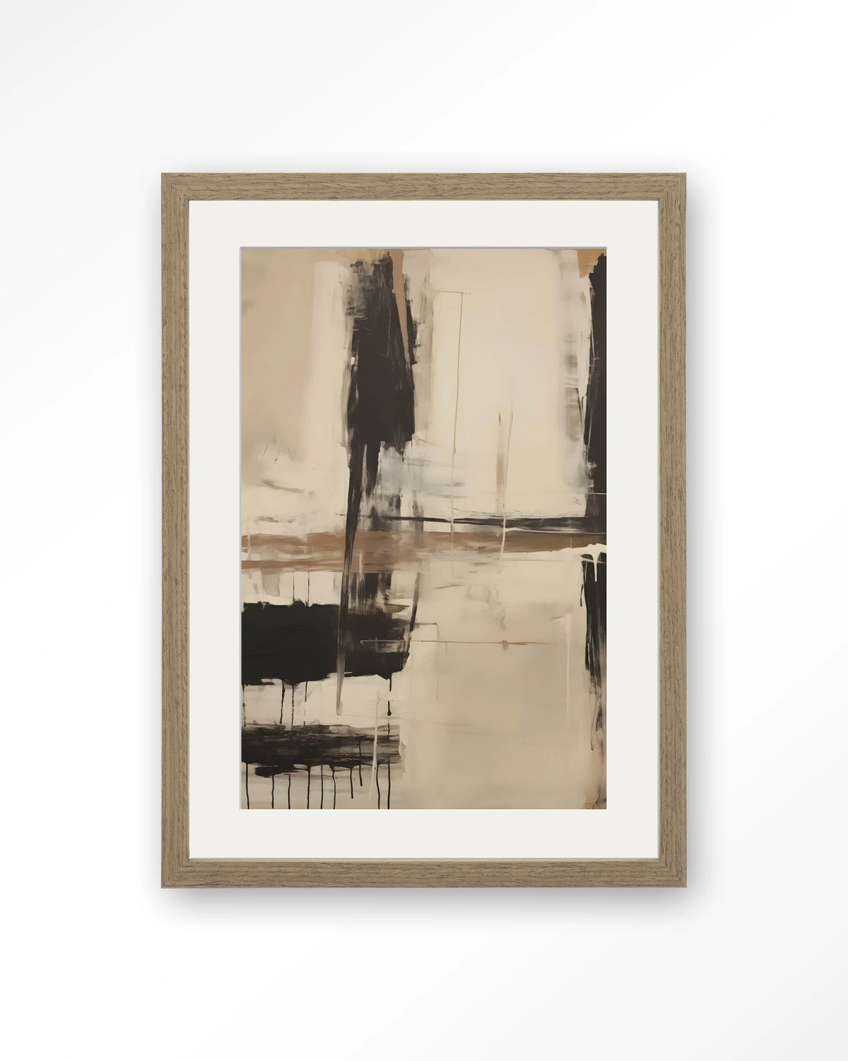 Noire – abstract in zwart en beige – Art print – Hout bruin + passe-partout
