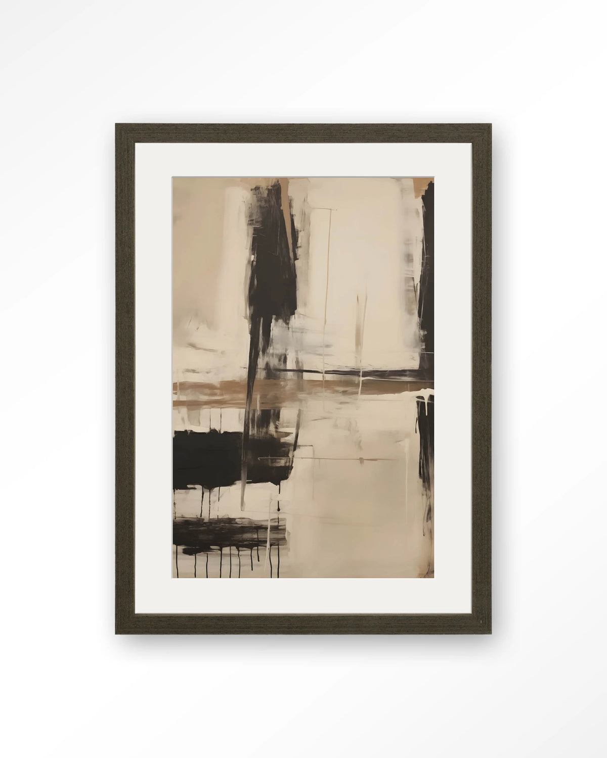 Noire – abstract in zwart en beige – Art print – Hout donkerbruin + passe-partout