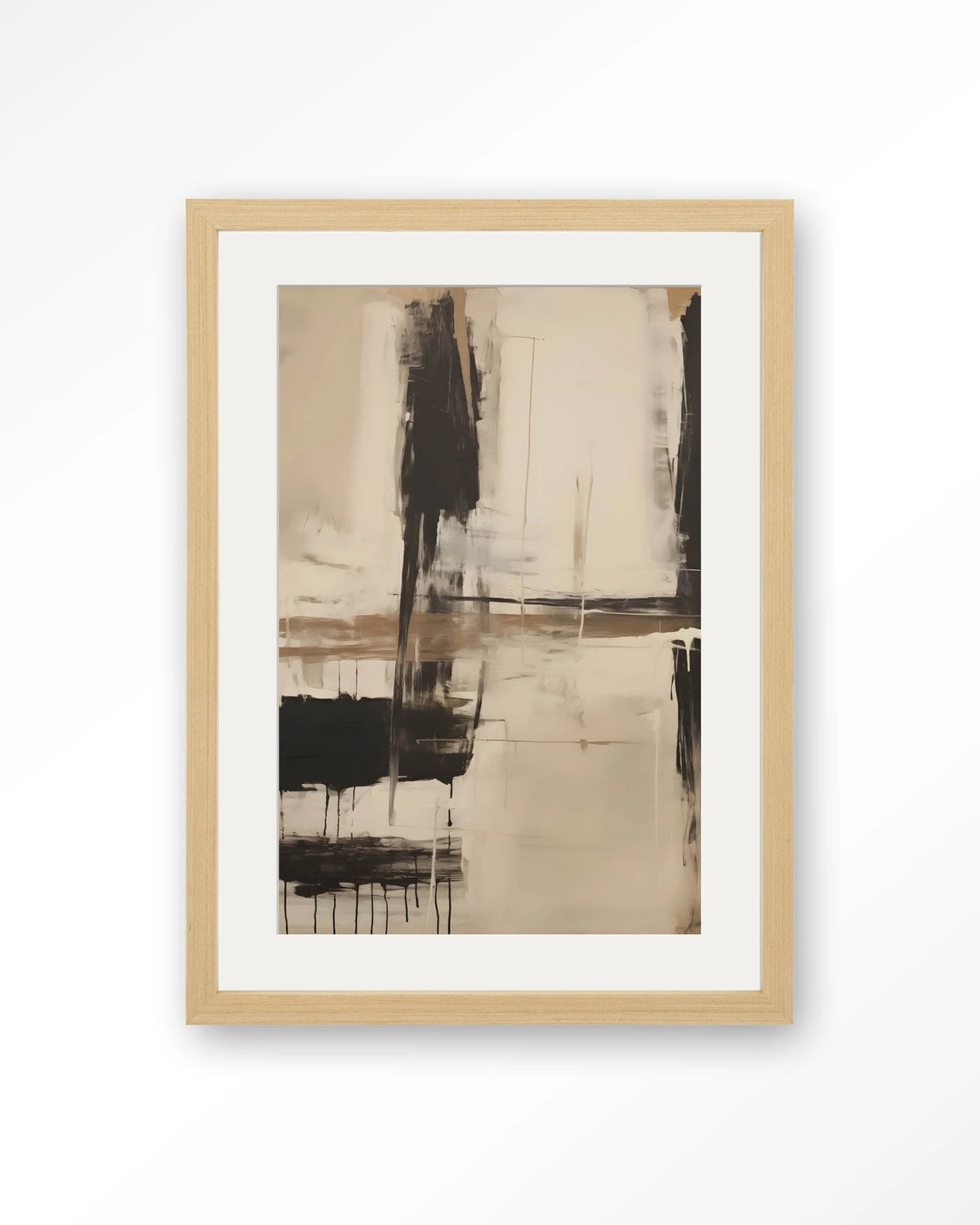 Noire – abstract in zwart en beige – Art print – Hout naturel + passe-partout