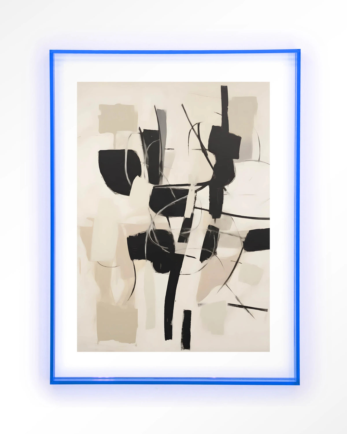 Soleyo – abstract zwart op beige – Art print – Acryl lichtblauw