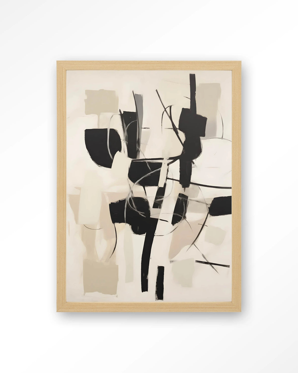 Soleyo – abstract zwart op beige – Art print – Hout naturel