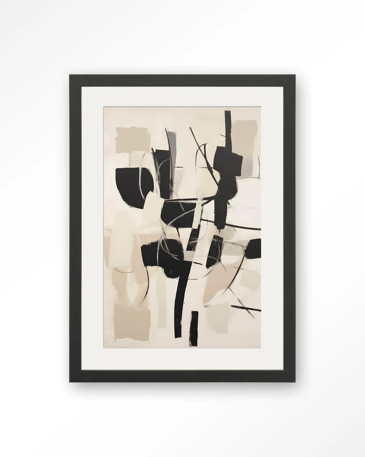 Soleyo – abstract zwart op beige – Art print – Hout zwart + passe-partout