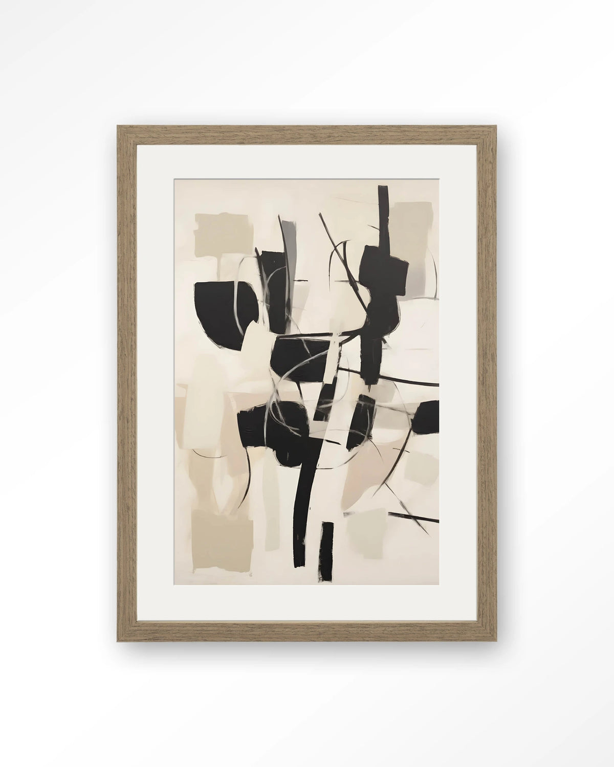 Soleyo – abstract zwart op beige – Art print – Hout bruin + passe-partout