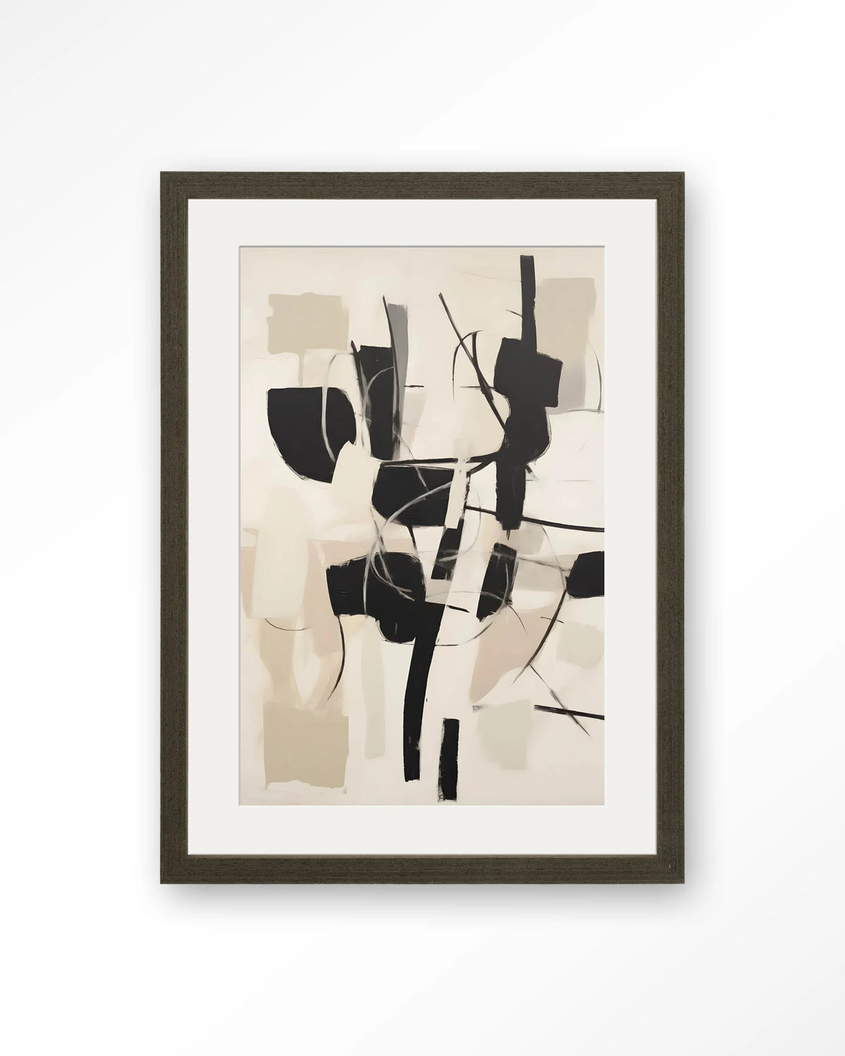 Soleyo – abstract zwart op beige – Art print – Hout donkerbruin + passe-partout