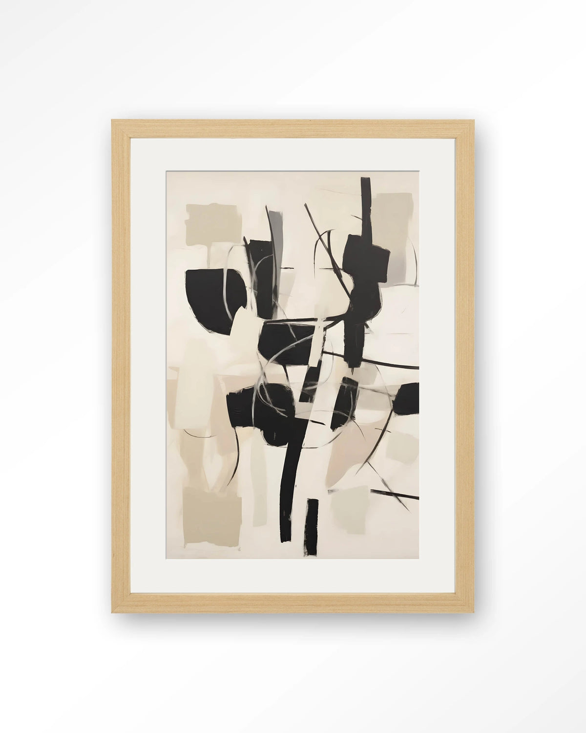 Soleyo – abstract zwart op beige – Art print – Hout naturel + passe-partout