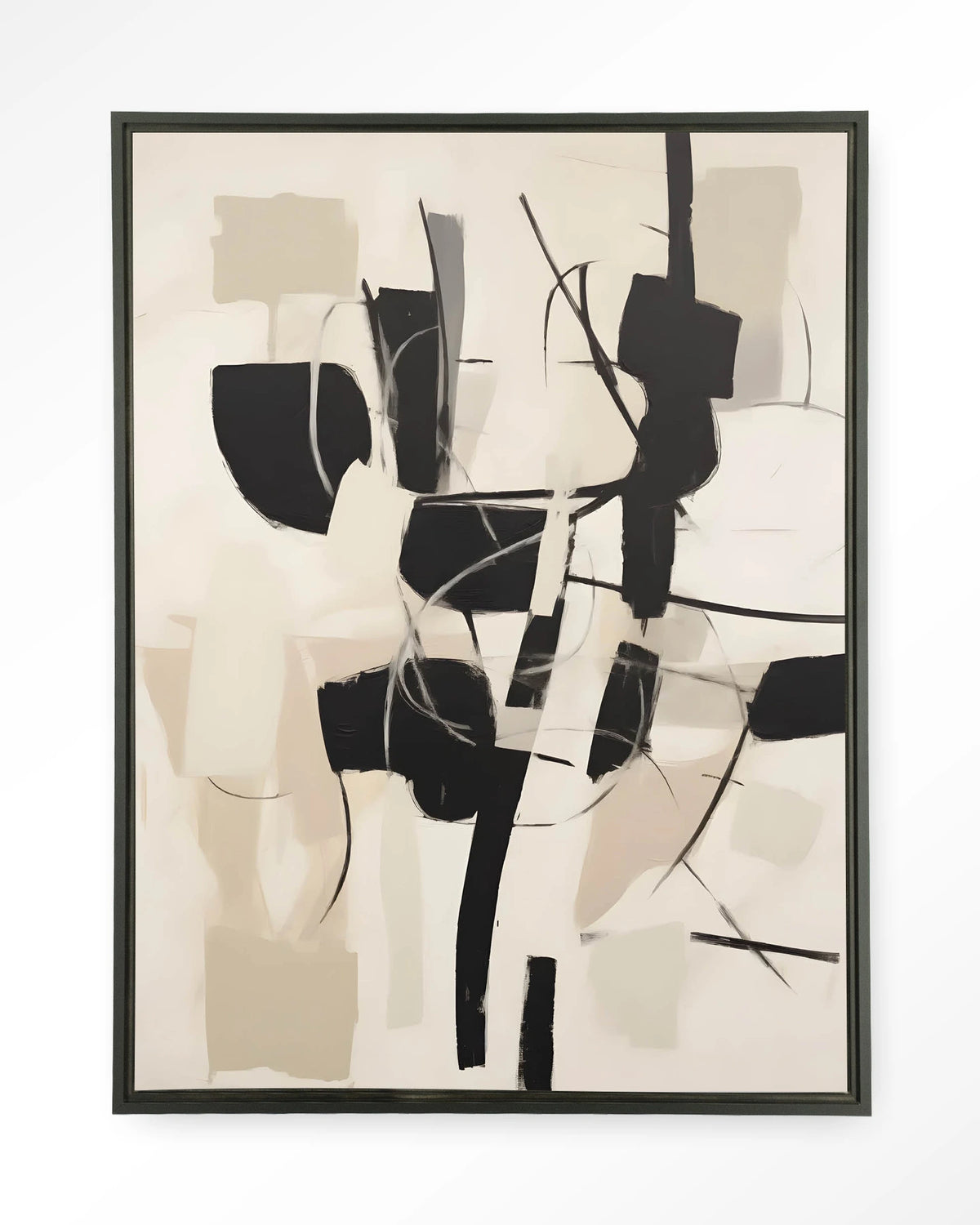 Soleyo – abstract zwart op beige – Wandkleed – Floating frame – zwart