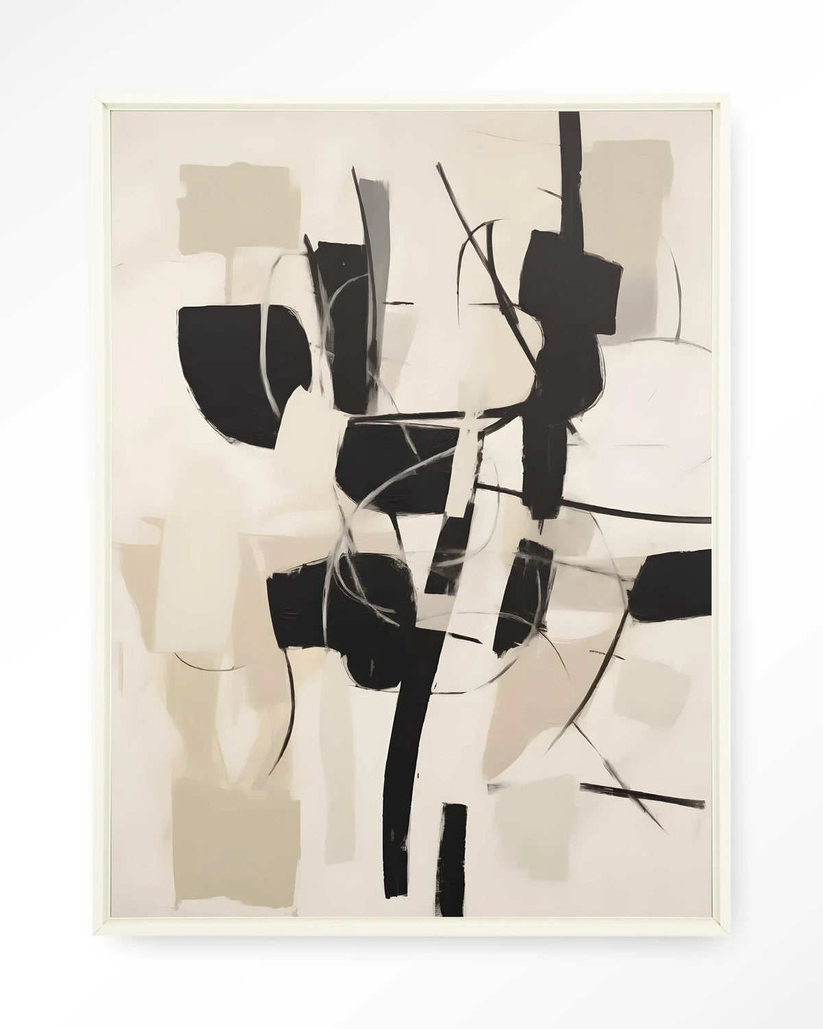 Soleyo – abstract zwart op beige – Wandkleed – Floating frame – wit