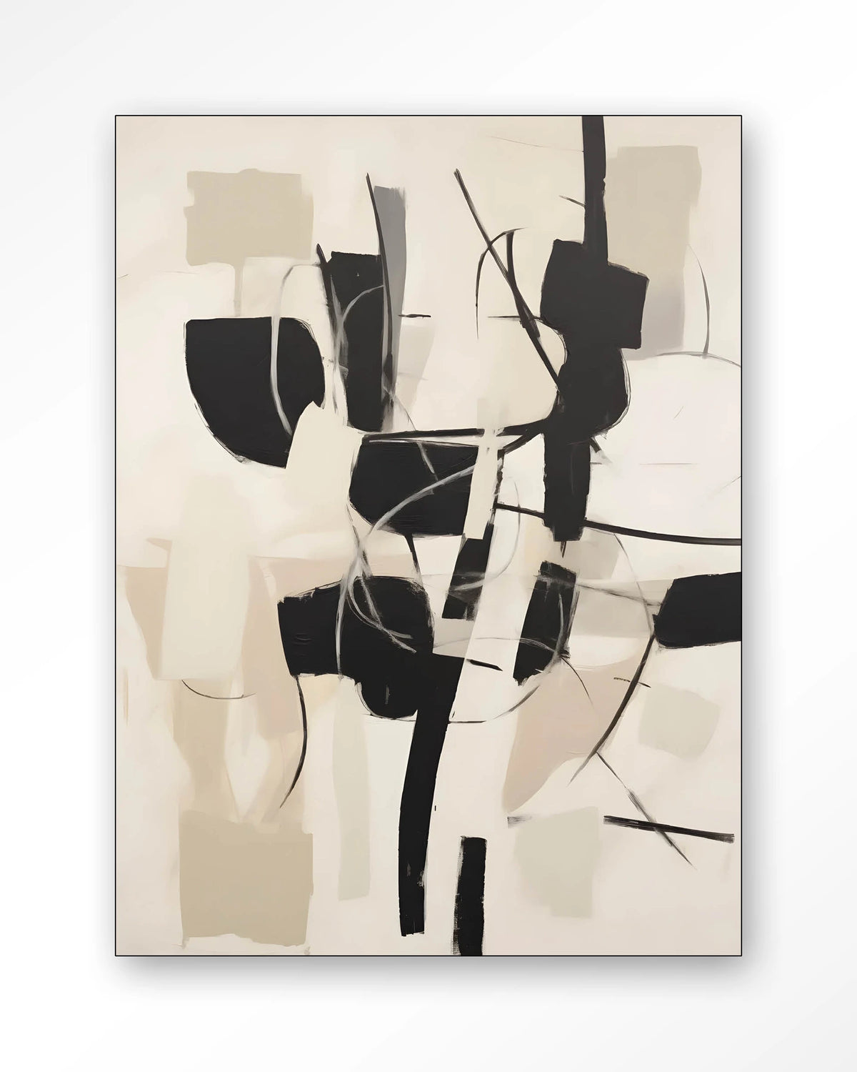 Soleyo – abstract zwart op beige – Wandkleed – Frame – zwart