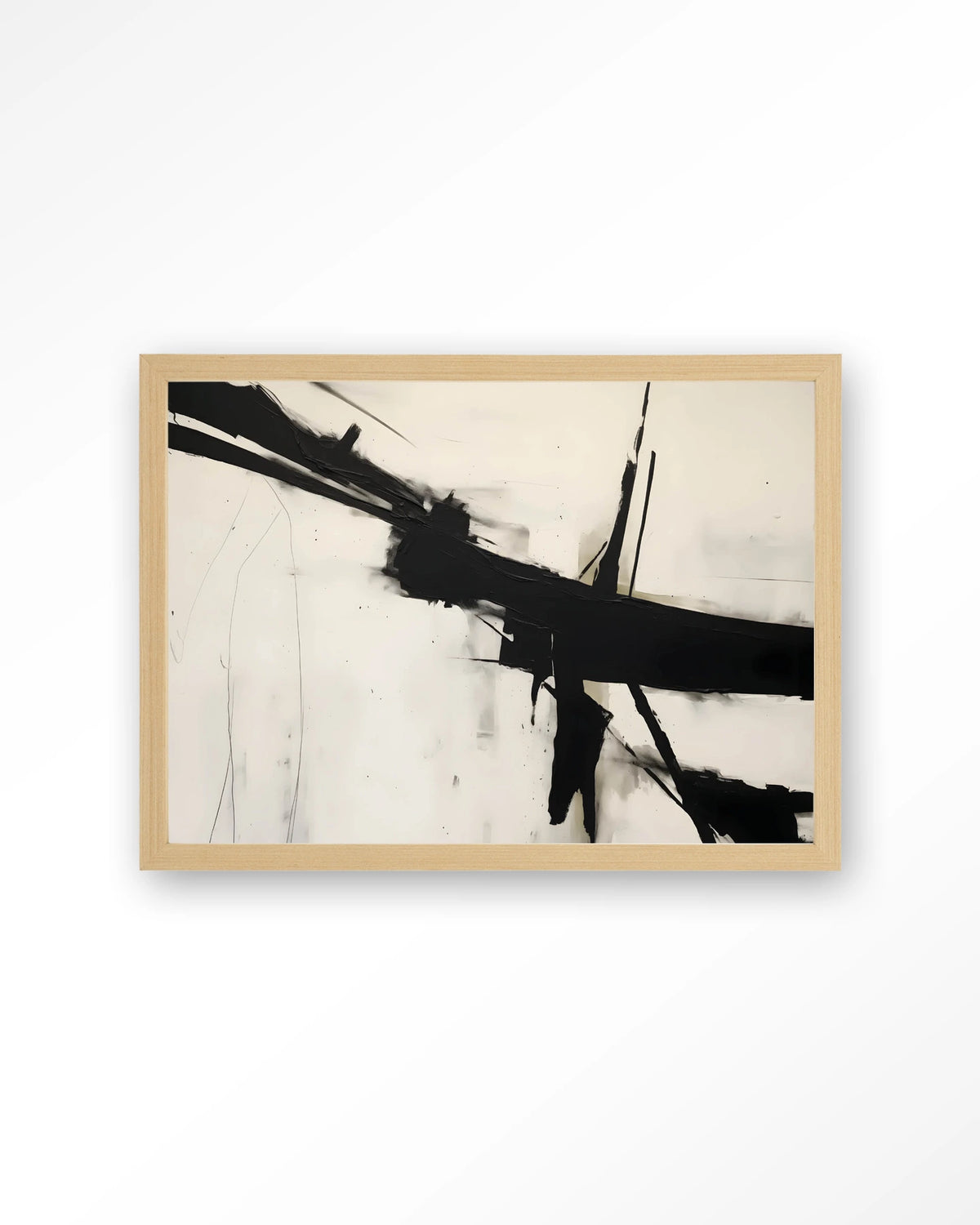 Montagne – abstract in zwart-wit penseelstreken – Art print – Hout naturel