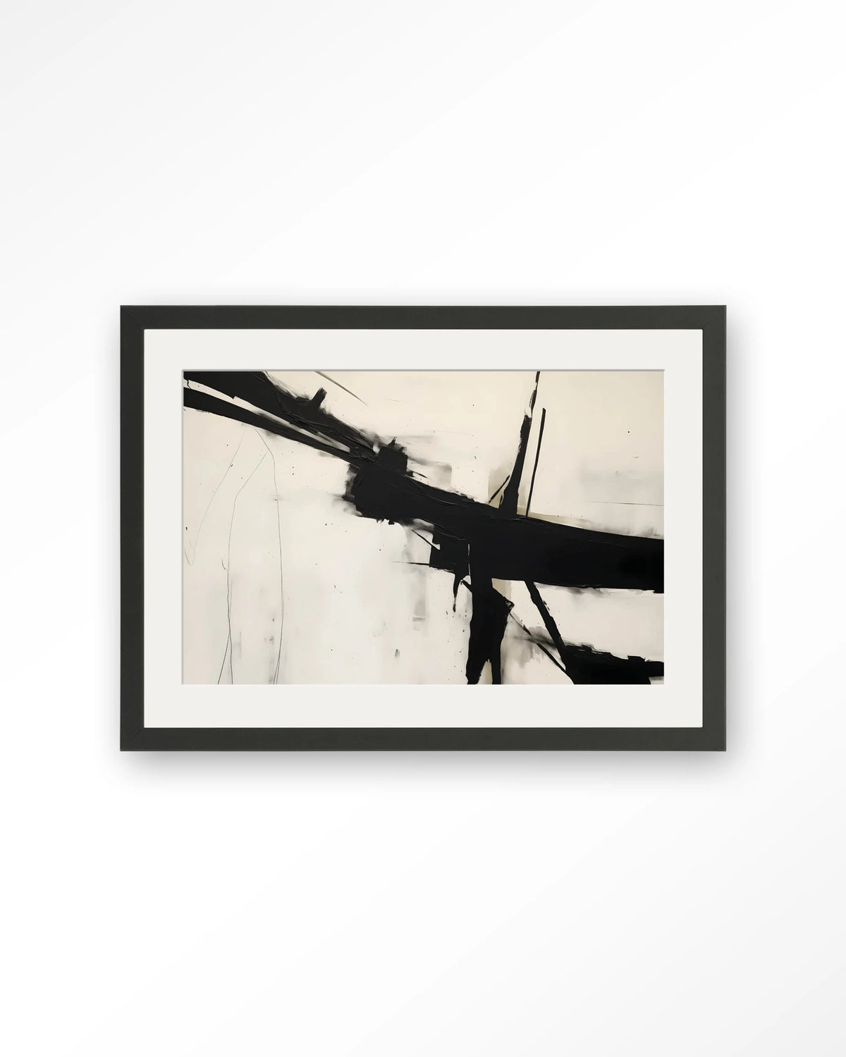 Montagne – abstract in zwart-wit penseelstreken – Art print – Hout zwart + passe-partout