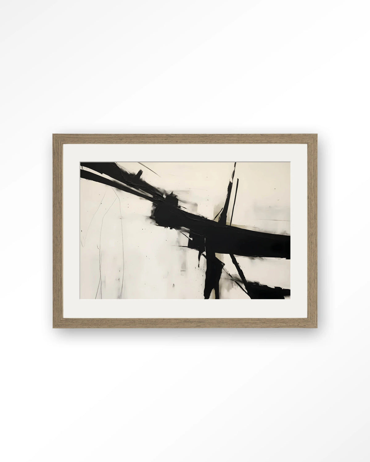 Montagne – abstract in zwart-wit penseelstreken – Art print – Hout bruin + passe-partout