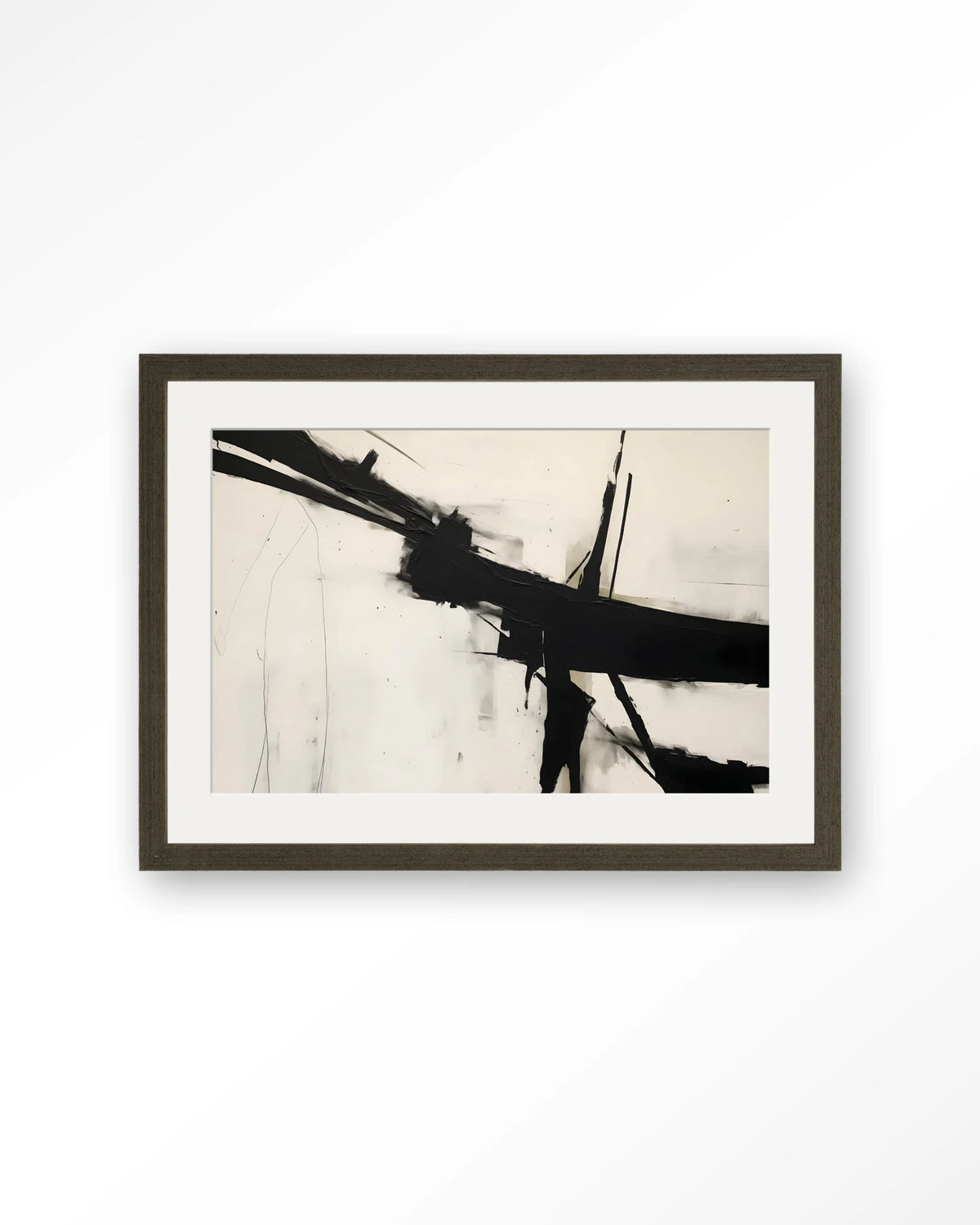 Montagne – abstract in zwart-wit penseelstreken – Art print – Hout donkerbruin + passe-partout