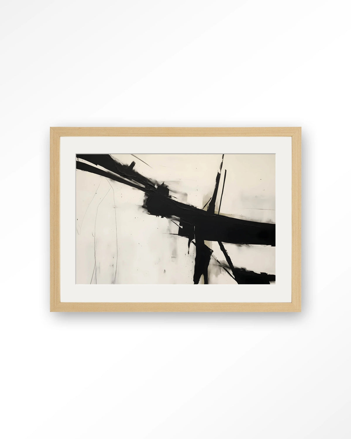 Montagne – abstract in zwart-wit penseelstreken – Art print – Hout naturel + passe-partout
