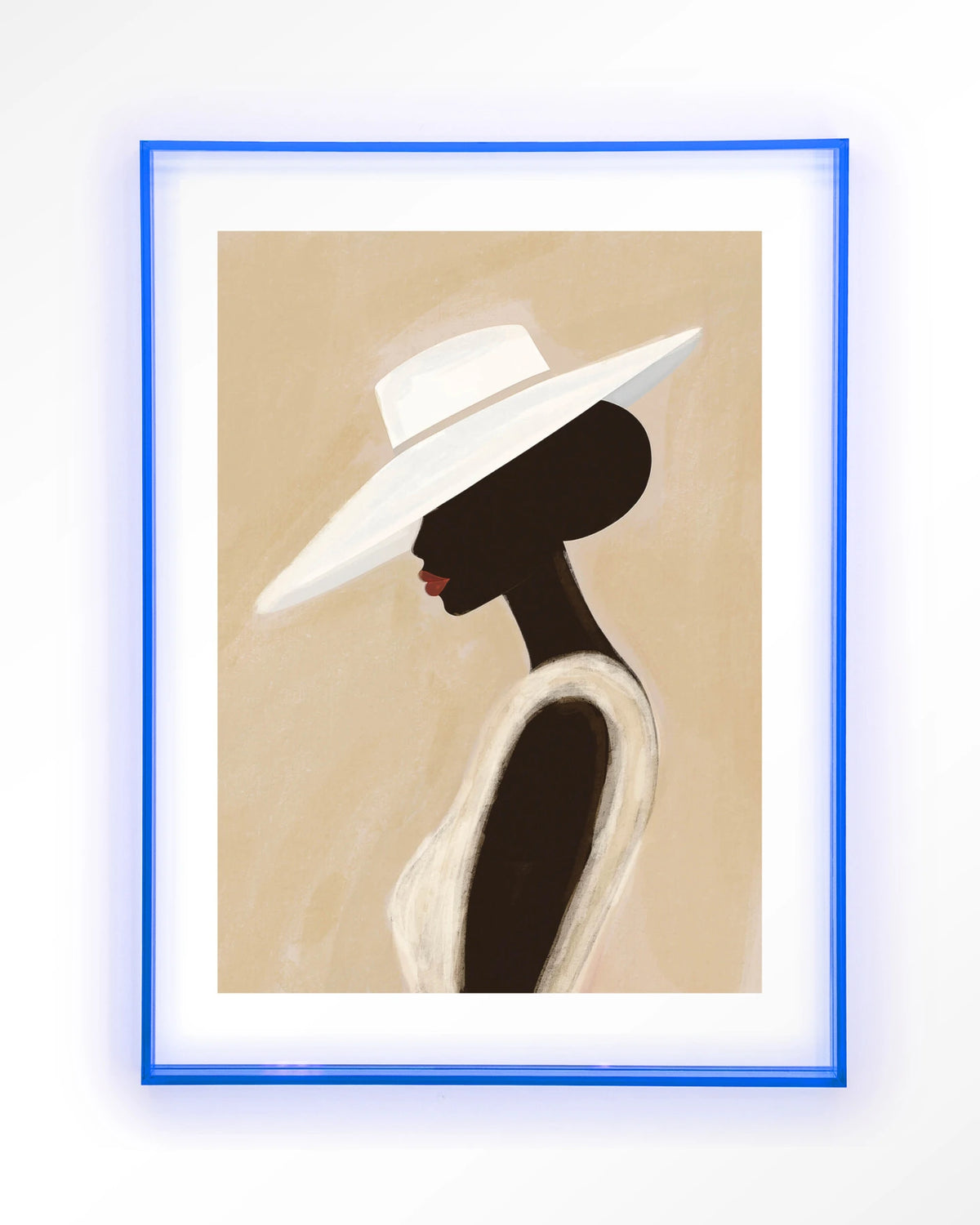 Lady – vrouw met witte hoed – Art print – Acryl lichtblauw