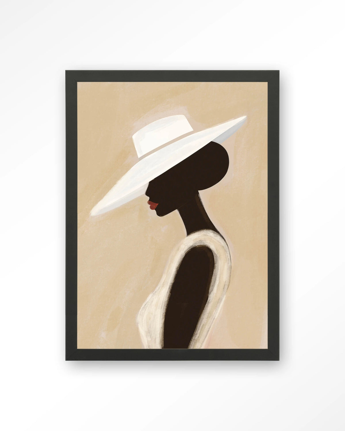 Lady – vrouw met witte hoed – Art print – Hout zwart