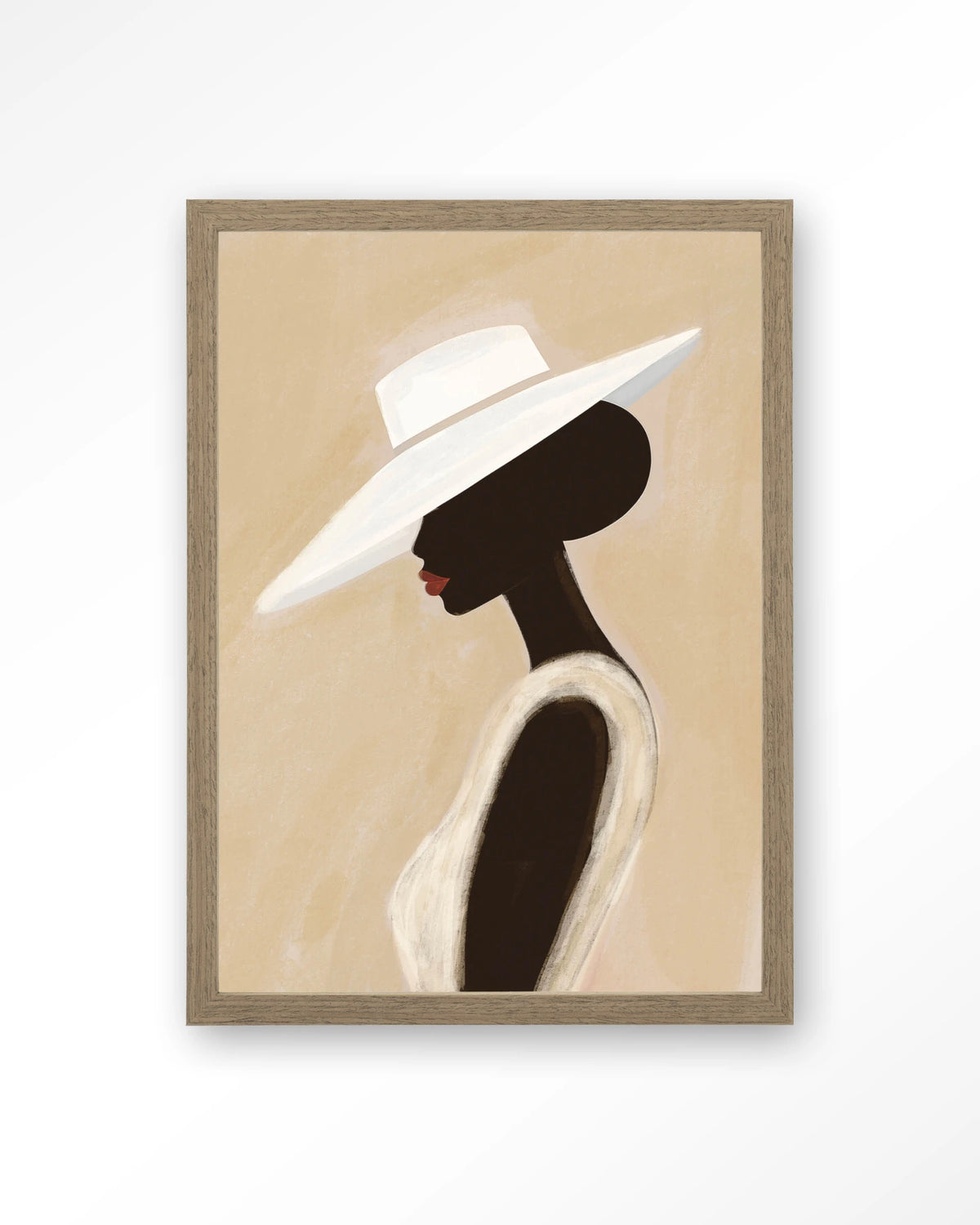 Lady – vrouw met witte hoed – Art print – Hout bruin
