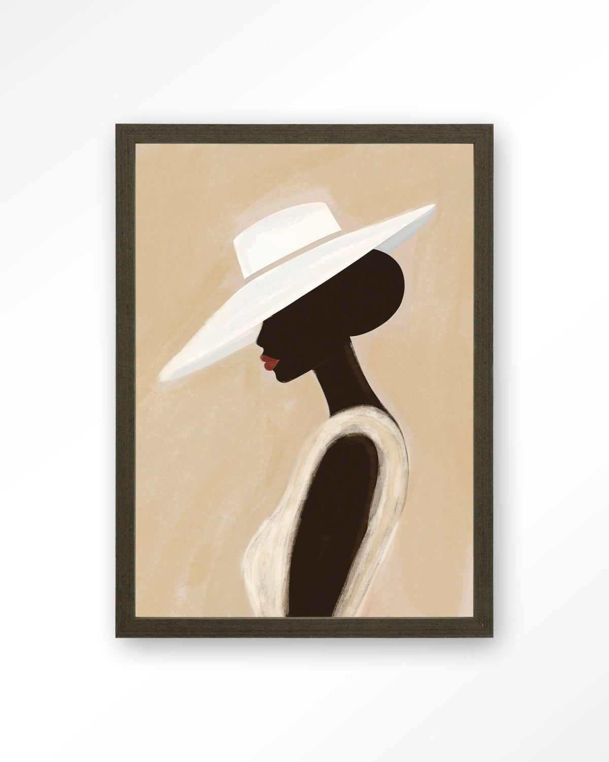 Lady – vrouw met witte hoed – Art print – Hout donkerbruin