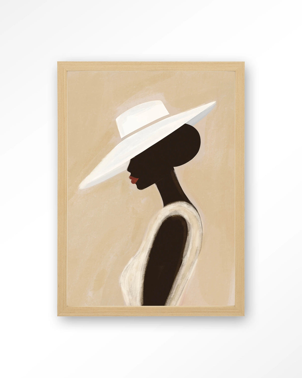 Lady – vrouw met witte hoed – Art print – Hout naturel